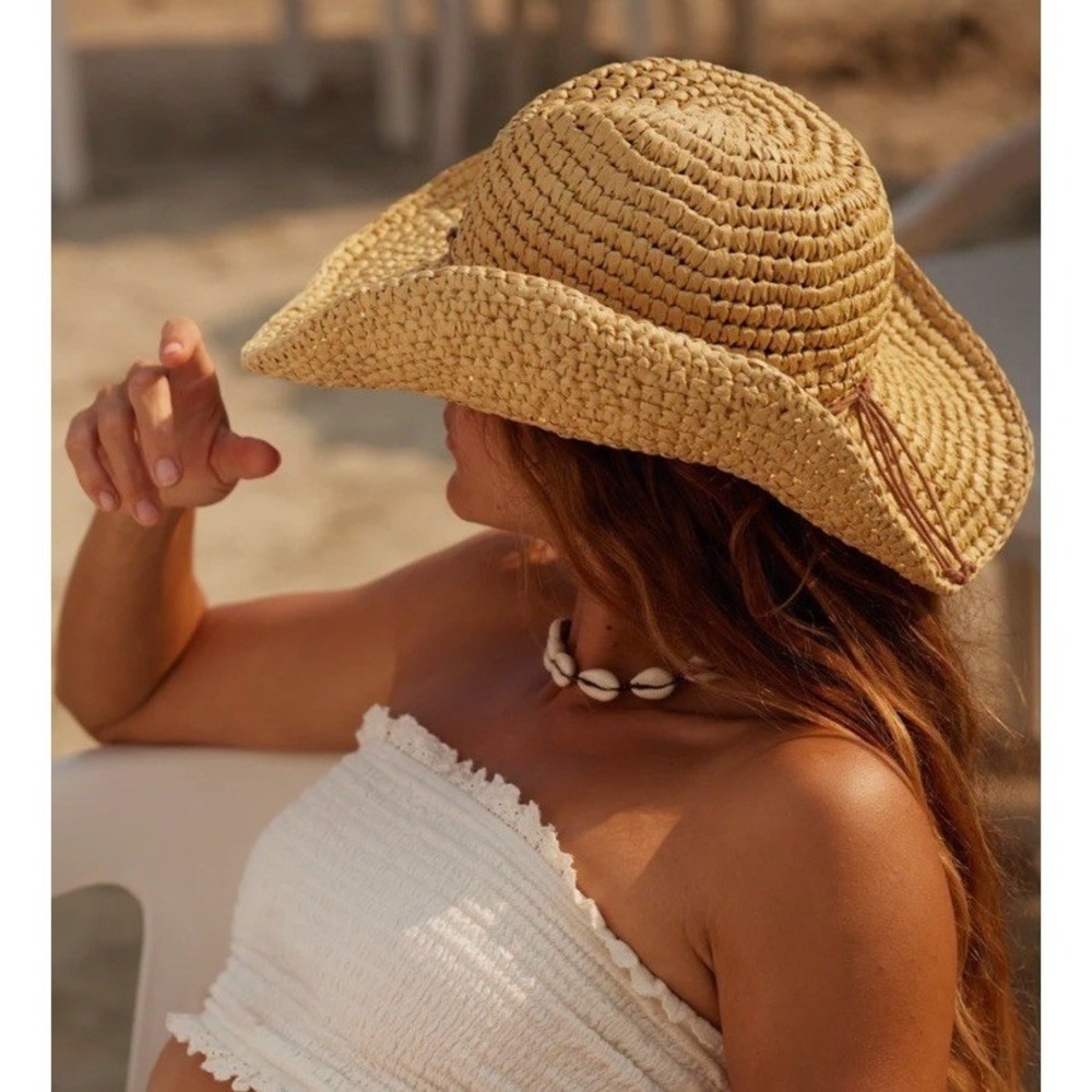 New Roxy Womens M/L‎ Cherish Summer Natural Straw Sun Hat Beads Beach Boho